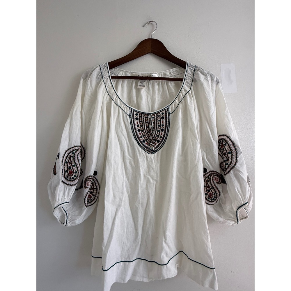 Max Studio White Cotton Embroidered Peasant Blouse Small Boho Paisley Top